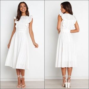 Petal +Pup White Eyelet Crochet Lace Ruffle Midi Dress